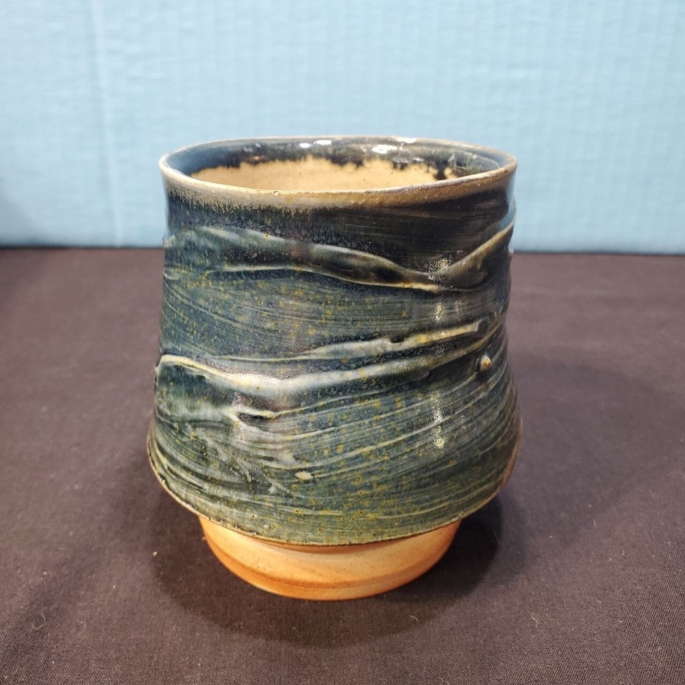 Stoneware Glaze Tea Cup Mug Tumbler Handleless Brown Blue Artsy ‎ Handmade